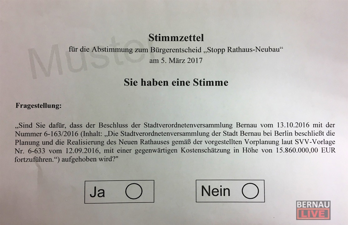 Bernau: Stadtverordnetenversammlung startete mit Rathausneubau - Stimmzettel - Rathausneubau