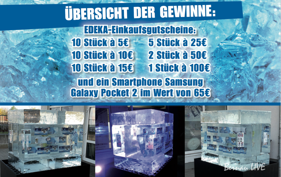 Tolle Aktion im E-Center Bernau - Errubbelt Euch eisige Preise! Zur Zeit und noch bis zum 31.12. 2015 könnt Ihr Euch im E-Center Bernau zahlreiche Gutscheine oder sogar ein Handy aus einem Eisquader freirubbeln.