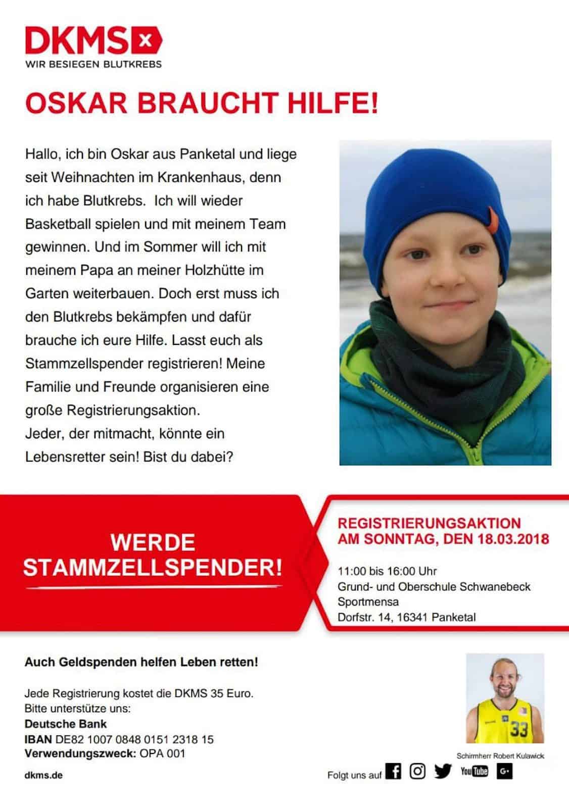 Oskar aus Panketal hat Blutkrebs - Stammzellspender gesucht!