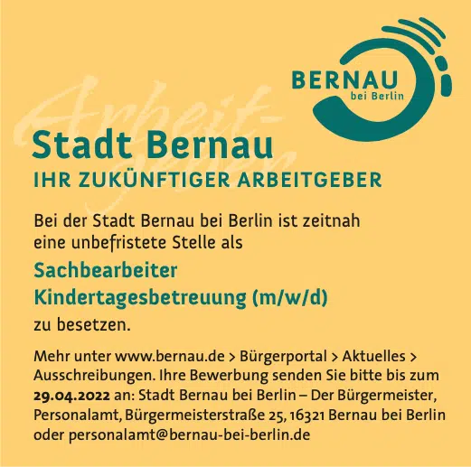 Stellenangebot der Stadt Bernau SB Kinderbetreuung