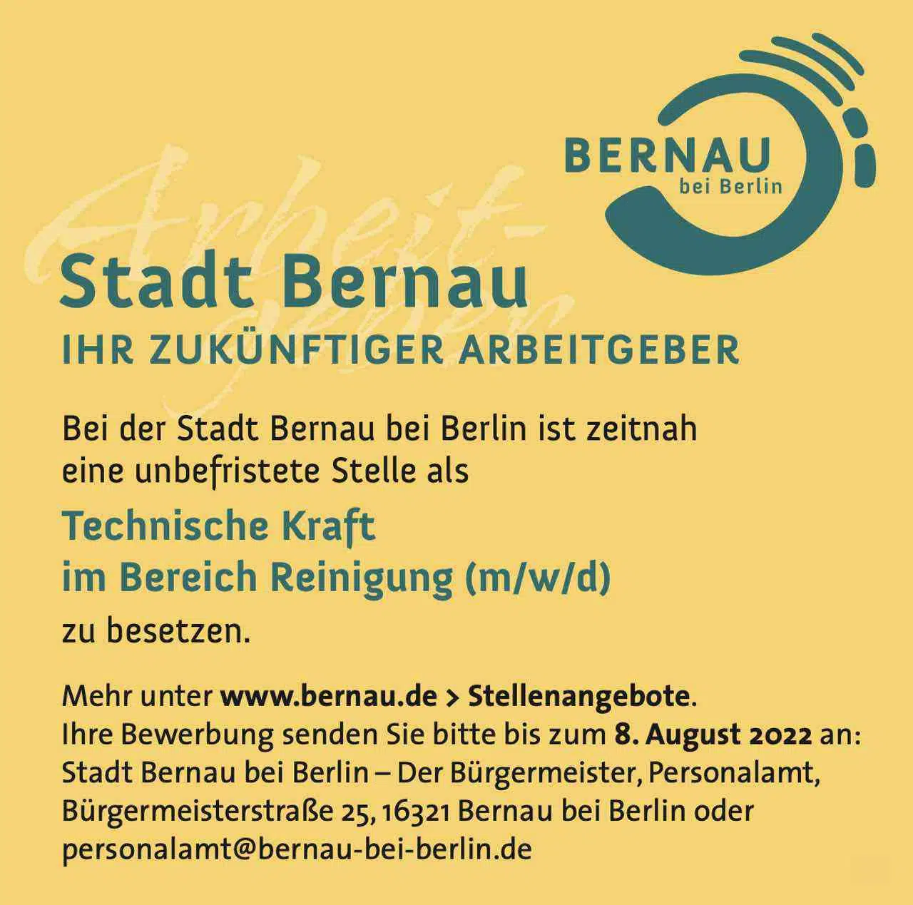Stellenangebot der Stadt Bernau bei Berlin
