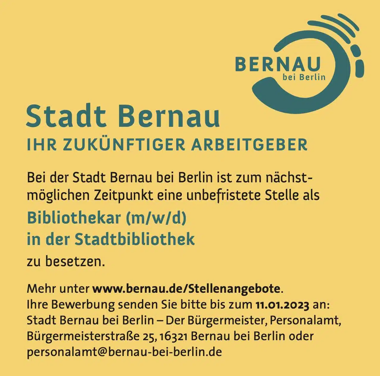 Bibliothekar Stellenangebot Stadt Bernau