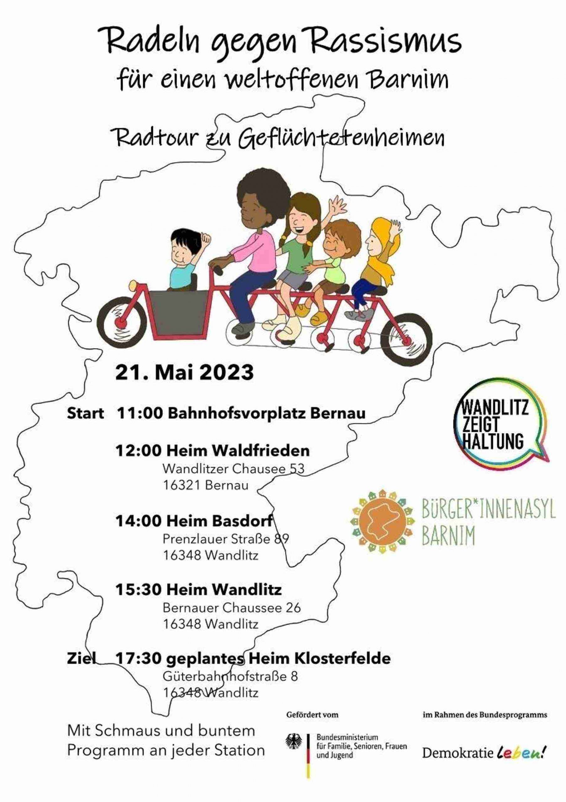 "Radeln gegen Rassismus! Radtour zu Geflüchtetenheimen im Barnim 2 Bernau / Barnim: Am 21.5. findet eine solidarische Fahrradtour von Bernau über die Übergangswohnheime in Bernau Waldfrieden, Basdorf und Wandlitz zum geplanten Übergangswohnheim in Klosterfelde statt.