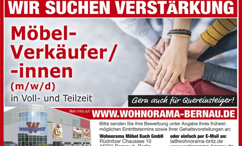 Wohnorama Bernau: Möbel-Verkäufer/ -innen (m/w/d) in Voll- und Teilzeit