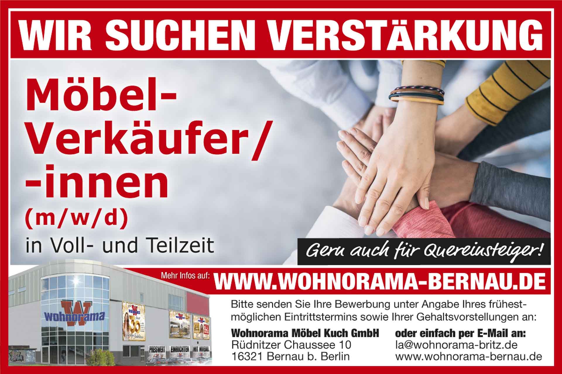 Wohnorama Bernau: Möbel-Verkäufer/ -innen (m/w/d) in Voll- und Teilzeit