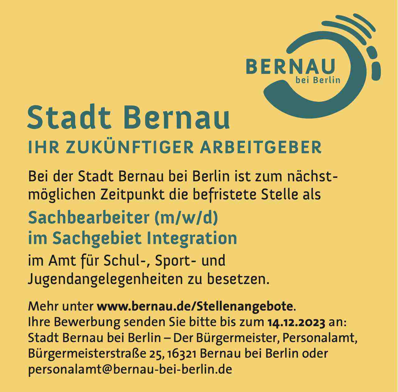 Stadt Bernau Sachbearbeiter (m/w/d) im Sachgebiet Integration