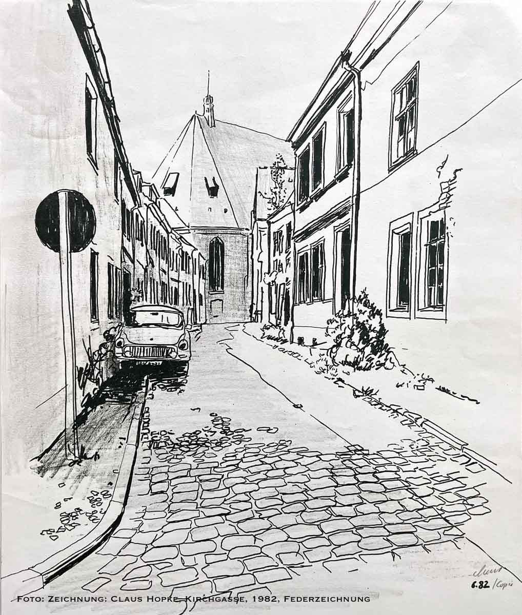 Zeichnung: Claus Hopke, Kirchgasse, 1982, Federzeichnung
