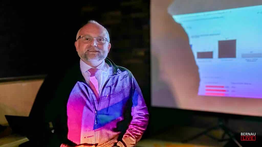 Landrat Daniel Kurth steht am Wahlabend vor der Ergebnistafel